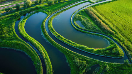 Aerial shot of a duck farm's drainage system, with clean and clear water channels ensuring proper water management.の素材