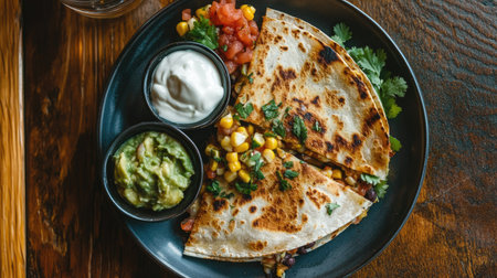 Aerial view of a corn and black bean quesadilla, served with a side of salsa, guacamole, and sour cream.の素材