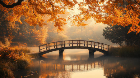 A wooden bridge over a calm pond, surrounded by golden autumn trees. The scene is bathed in the soft light of sunrise, creating a peaceful, romantic setting.の素材
