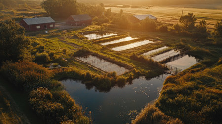 Aerial shot of a duck farm at sunrise, with the soft morning light illuminating the enclosures and ponds.の素材