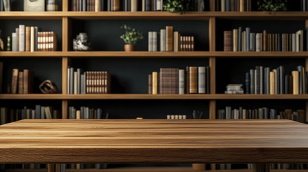 A stylish wooden table in front of a modern library setting, perfect for showcasing products or branding content.の素材