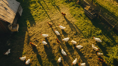Aerial shot of a chicken farmaes outdoor run, with chickens enjoying fresh air and sunshine in a secure fenced area.の素材