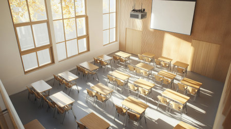 Aerial view of a classroom with neatly arranged desks and chairs, a projector hanging from the ceiling, and a modern, clean design.の素材