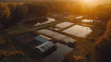 Aerial shot of a duck farm at sunrise, with the soft morning light illuminating the enclosures and ponds.の素材