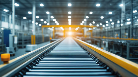 Modern conveyor belt in a brightly lit factory, emphasizing precision engineering.の素材