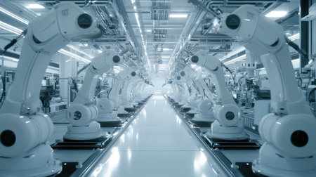 Robotic systems in a smart factory, controlled via internet networks, illustrating the advanced automation of Industry 4.0.の素材