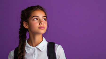 Latin schoolgirl wearing a uniform and backpack, gazing into the distance with a thoughtful expression. Ideal for ads and educational content. Lilac violet background.の素材