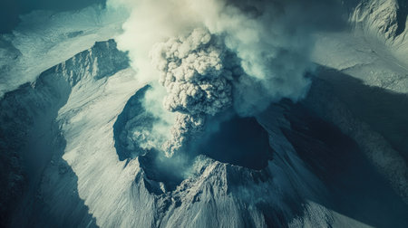 Top view of a volcanic eruption with ash plume rising high into the atmosphere, casting shadows on the groundの素材