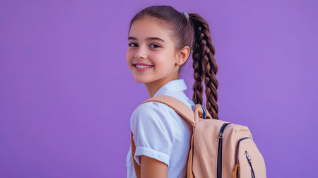 Latin schoolgirl, smiling and looking to the side, wearing a backpack and uniform. Perfect for ads and educational content. Lilac violet background.の素材