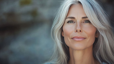 Mature woman with a serene expression, showing the confidence and beauty that comes with effective anti-aging skin care.の素材
