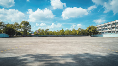 Spacious cement yard under a clear sky, ready for various activities like sports or industrial use.の素材