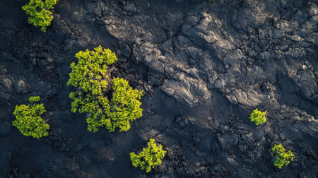 Top view of a volcanic landscape with black sand, lava rocks, and sparse vegetationの素材
