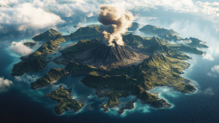 Top view of a volcanic island chain with a smoking central volcano and surrounding smaller islandsの素材