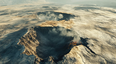 Top view of a volcanic plateau with cracks in the earth, steam vents, and a desolate, rocky landscapeの素材