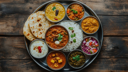 Top view of a vibrant Indian thali, showcasing a variety of dishes including dal, curry, rice, naan, and colorful chutneys on a wooden tableの素材