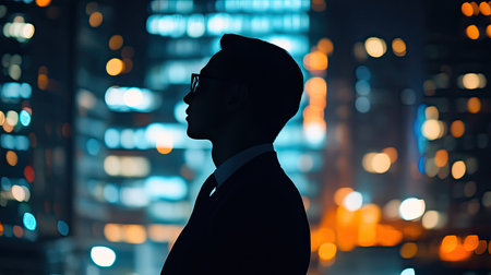 Silhouette of a young professional against a night-lit city, symbolizing the challenges and rewards of corporate life.の素材