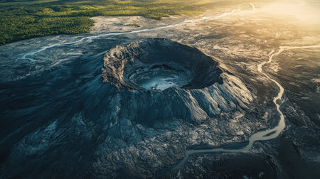 Top view of a volcanic landscape with a crater, ash deposits, and a river cutting through the terrainの素材