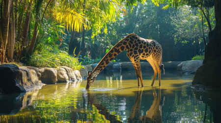 A giraffe bending down to drink water from a pond at the Kanchanaburi zoo, surrounded by lush vegetation and tranquil surroundings.の素材
