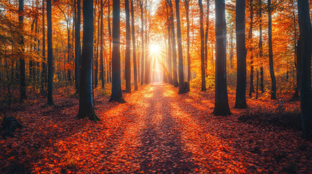 A vibrant autumn forest path, with orange trees and red-brown leaves covering the ground. The bright morning sunlight creates a serene, scenic view.の素材