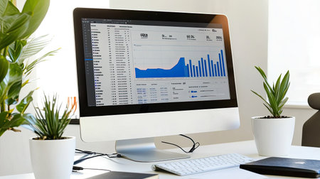 A sleek desktop computer showing business charts on a table, with a stylish chair in the background, representing data analysis.の素材