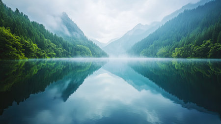A tranquil lake at Jiuzhaigou National Park, surrounded by lush green forests and towering peaks, mirroring the serene landscape.の素材