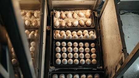 Aerial view of a duck farm's incubator room, with eggs in trays and temperature-controlled conditions for hatching.の素材