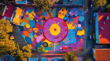 A stunning aerial view of a city with a vibrant art scene, showcasing colorful murals, street art, and cultural landmarks.の素材