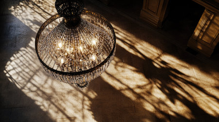 Aerial view of a hanging chandelier lamp with crystal accents, casting intricate shadows on the floor.の素材