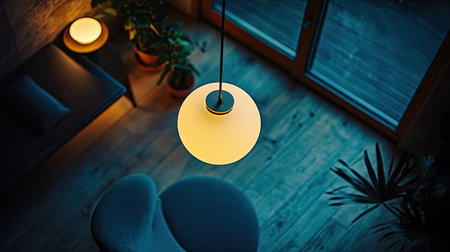 Aerial view of a hanging globe lamp with a frosted glass shade, emitting a soft, diffused light.の素材