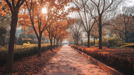 A serene autumn path in a city park, covered in red-brown leaves and surrounded by orange trees. The warm sunlight creates a magical, inviting atmosphere.の素材
