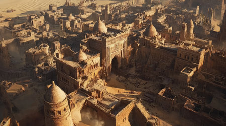 A stunning aerial view of a desert city, with ancient stone buildings, a fortress, and winding sand-covered streets.の素材
