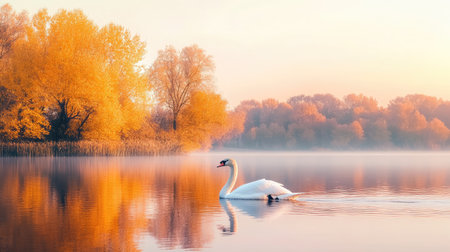 A swan moves gently across a serene lake, reflecting autumn's golden leaves under a pastel-colored sky.の素材
