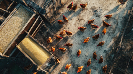 Aerial shot of a chicken farm during feeding time, with chickens clustered around large feed bins.の素材