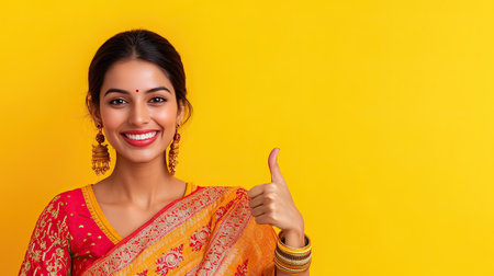 Cheerful Hindu woman giving a thumbs up and pointing to the right, inviting attention to the advertisement space. Ideal for promoting goods. Yellow background.の素材