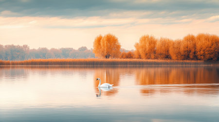 Beneath a pastel sky, a calm lake reflects autumn's golden colors as a lone swan moves gracefully across its surface.の素材