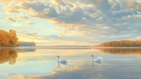 Beneath pastel skies, a calm lake mirrors autumn's golden hues as a lone swan moves gracefully across the water.の素材