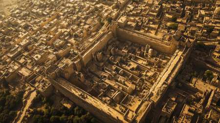 Bird's-eye view of the remains of an ancient city wall, with a maze of narrow streets and alleyways within.の素材