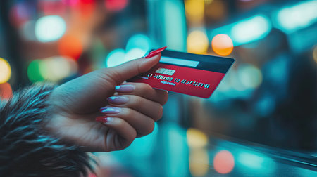 Female hand gripping a credit card, symbolizing secure financial transactions and online shopping ease.の素材