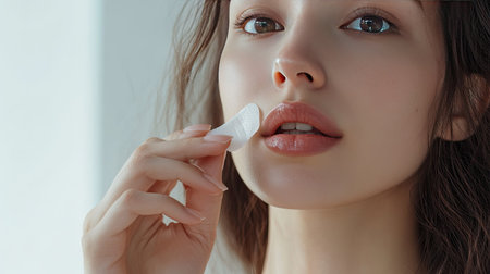 Close-up of a woman applying a hydrating lip mask, emphasizing the importance of comprehensive anti-aging skin care.の素材