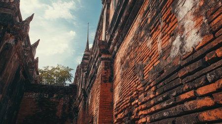 Low-angle shot of the red brick wall at Thapae Gate, capturing the strength and historical significance of this ancient structure.の素材