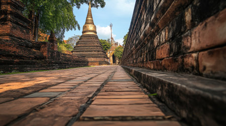Perspective shot along Thapae Gateaes brick wall in Chiang Mai, focusing on the architectural beauty and cultural history.の素材