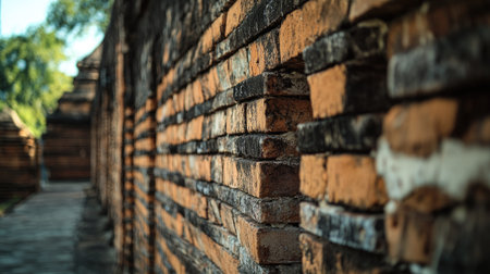 Dramatic angle of the brick wall at Thapae Gate, Chiang Mai, capturing the historical depth and architectural detail.の素材