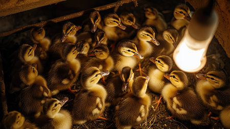 Bird's-eye view of ducklings in a brooding pen, huddled under heat lamps for warmth and comfort.の素材