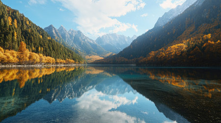 Jiuzhaigou National Parkaes lake, reflecting the brilliant autumn colors and towering mountains in its crystal-clear waters.の素材