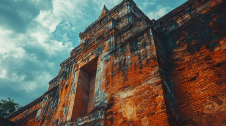 Low-angle shot of the red brick wall at Thapae Gate, capturing the strength and historical significance of this ancient structure.の素材