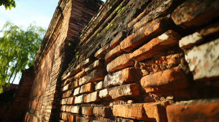 Low-angle view of the brick wall at Thapae Gate, Chiang Mai, highlighting the enduring strength and cultural significance.の素材
