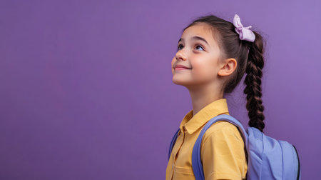 Preteen girl in a uniform and backpack, gazing away with a dreamy smile. Ideal for ads targeting school-age children. Lilac violet background.の素材