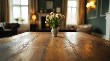Empty wooden table surface with a stylishly decorated dining room in the background, creating an ideal product display setting.の素材