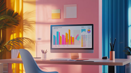 Desktop computer displaying colorful statistics, with a chair and clean interior background, perfect for business analysis concepts.の素材