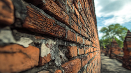 Low-angle perspective of the brick wall at Thapae Gate, emphasizing the enduring craftsmanship and cultural significance.の素材